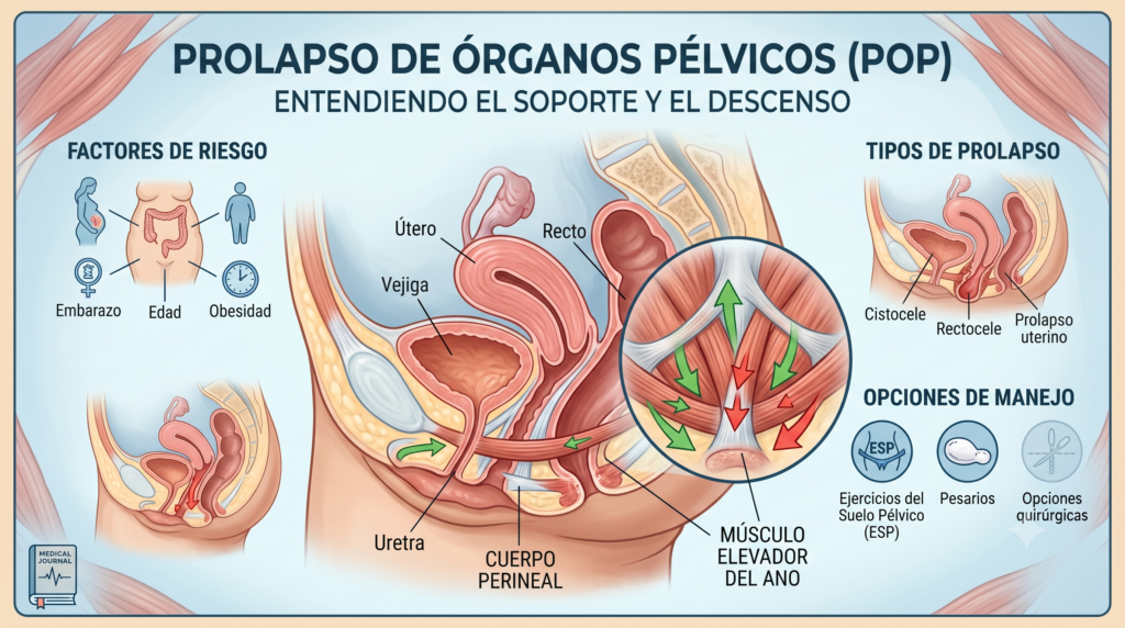 Ilustración de prolapso de organos pelvicos entendiendo el soporte y el descenso