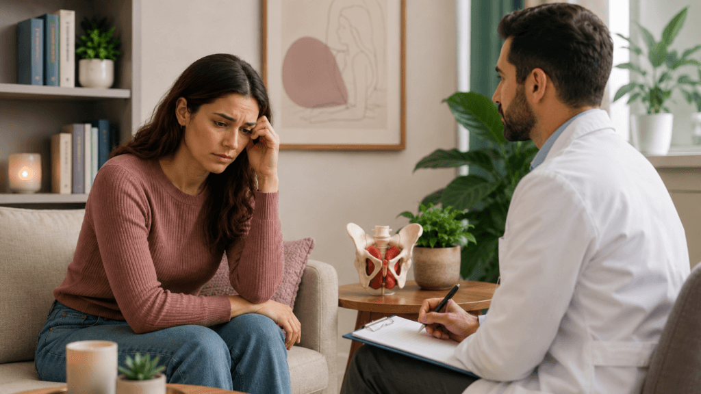 Fotografía de conversación en consultorio entre médico y paciente sobre dolor durante las relaciones