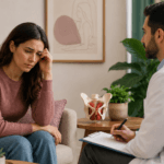 Fotografía de conversación en consultorio entre médico y paciente sobre dolor durante las relaciones