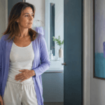 Mujer adulta con urgencia urinaria frente al baño, ilustrando síntomas que pueden confundirse entre vejiga hiperactiva e infección urinaria.