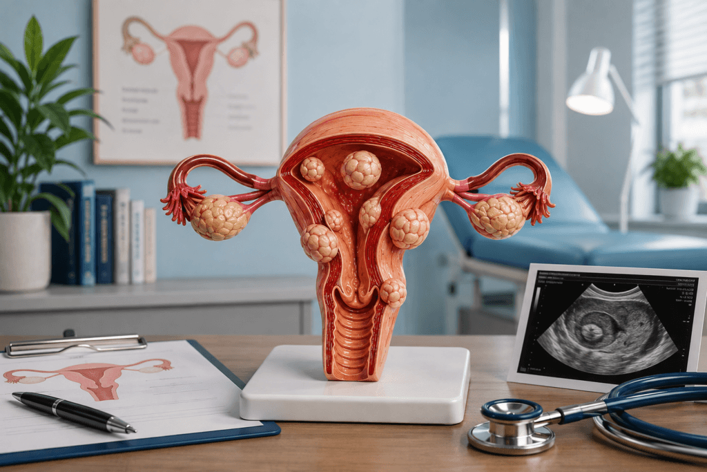 Modelo anatómico de útero con miomas uterinos en un consultorio ginecológico. Cuándo vigilarlos y cuándo tratarlos.