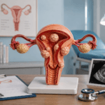 Modelo anatómico de útero con miomas uterinos en un consultorio ginecológico. Cuándo vigilarlos y cuándo tratarlos.