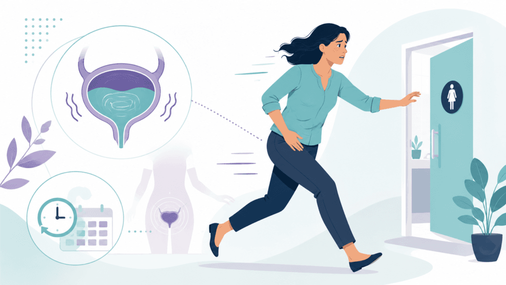 Ilustración de mujer con urgencia urinaria intentando llegar al baño y representación de la vejiga