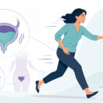 Ilustración de mujer con urgencia urinaria intentando llegar al baño y representación de la vejiga