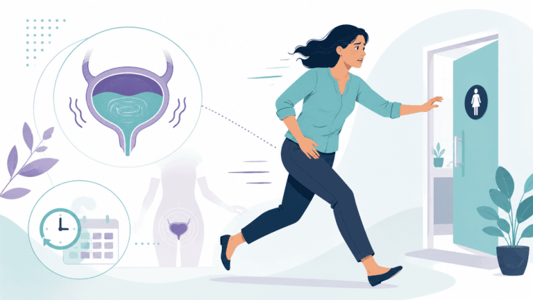 Ilustración de mujer con urgencia urinaria intentando llegar al baño y representación de la vejiga