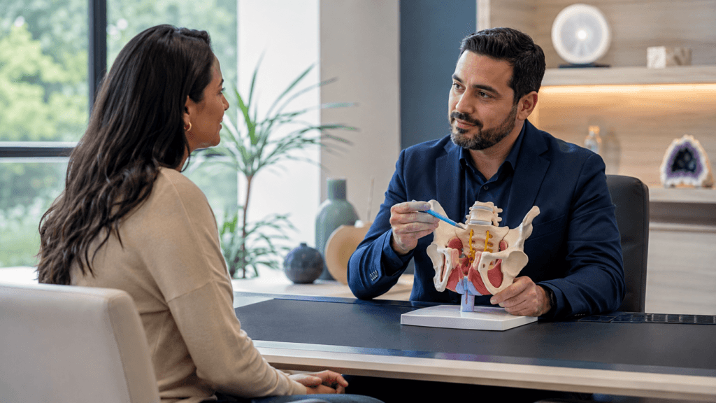 Médico explicando la diferencia de acudir con un urólogo o uroginecólogo para temas de urología femenina, retrato