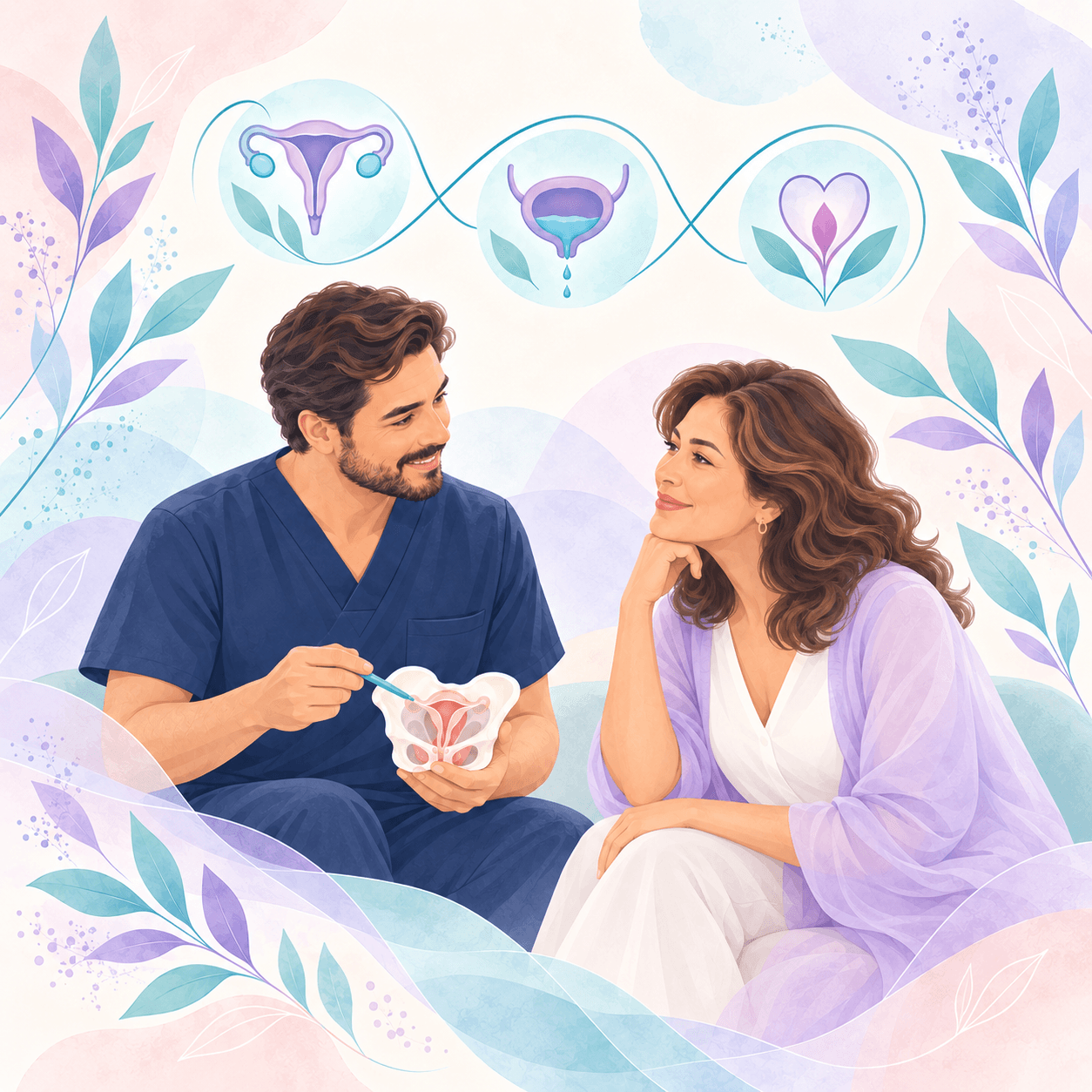 Ilustración de mujer y Dr. Salinas hablando de terapia hormonal y salud de piso pélvico