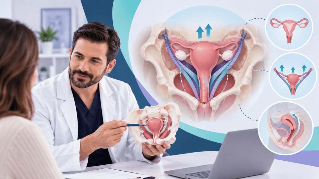 Médico explicando riesgos y beneficios de histeropexia e histerectomía