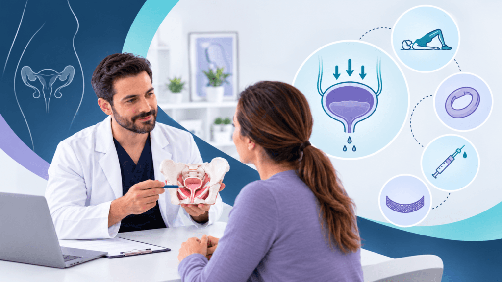 Fotografía de médico explicando a pacientes las opciones de cirugía para incontinencia urinaria de esfuerzo.