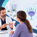 Fotografía de médico explicando a pacientes las opciones de cirugía para incontinencia urinaria de esfuerzo.