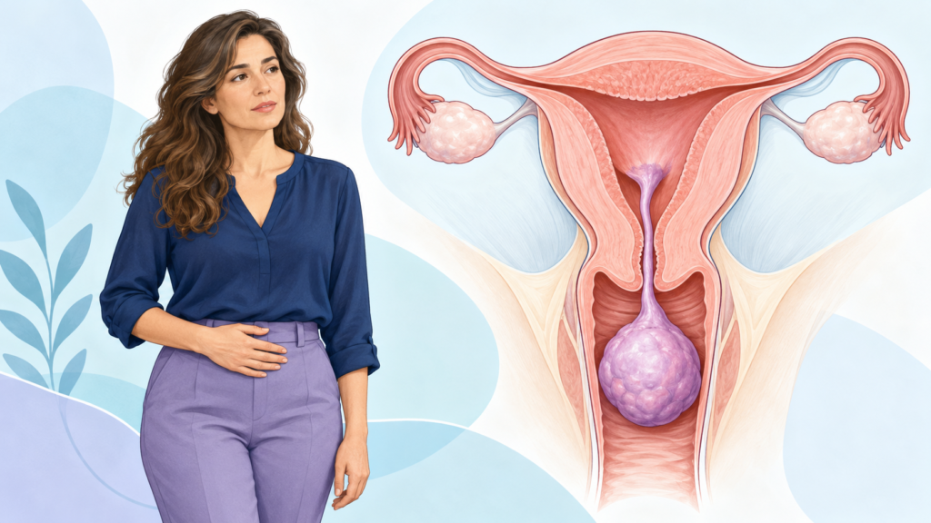 Ilustración de mujer con síntomas de miomatosis uterina, demostrando mioma abortado.