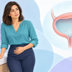 Mujer de pie junto al lavabo con una mano sobre el abdomen bajo, acompañada de una ilustración de la vejiga con vaciamiento incompleto
